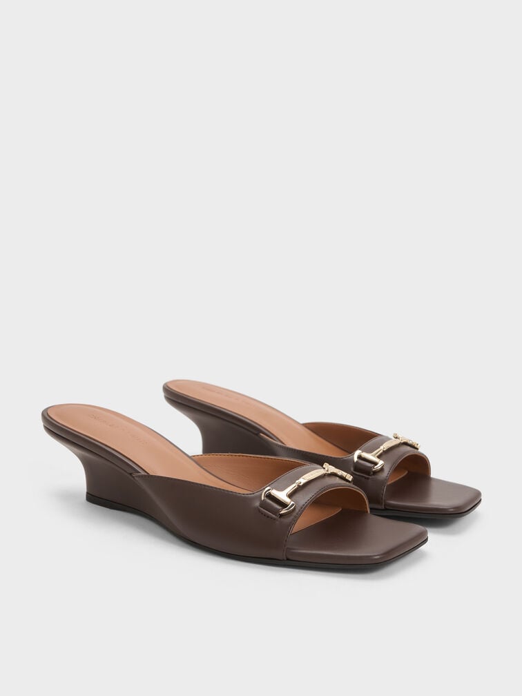 Erinna Metallc-Accent Wedge Mules, Dark Brown, hi-res