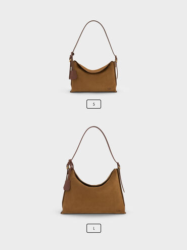 Large Leather & Suede Top-Flap Hobo Bag, Brown, hi-res