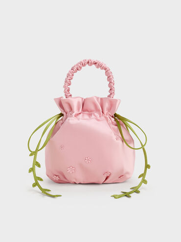 Mabel Satin Floral-Vine Bucket Bag, Pink, hi-res