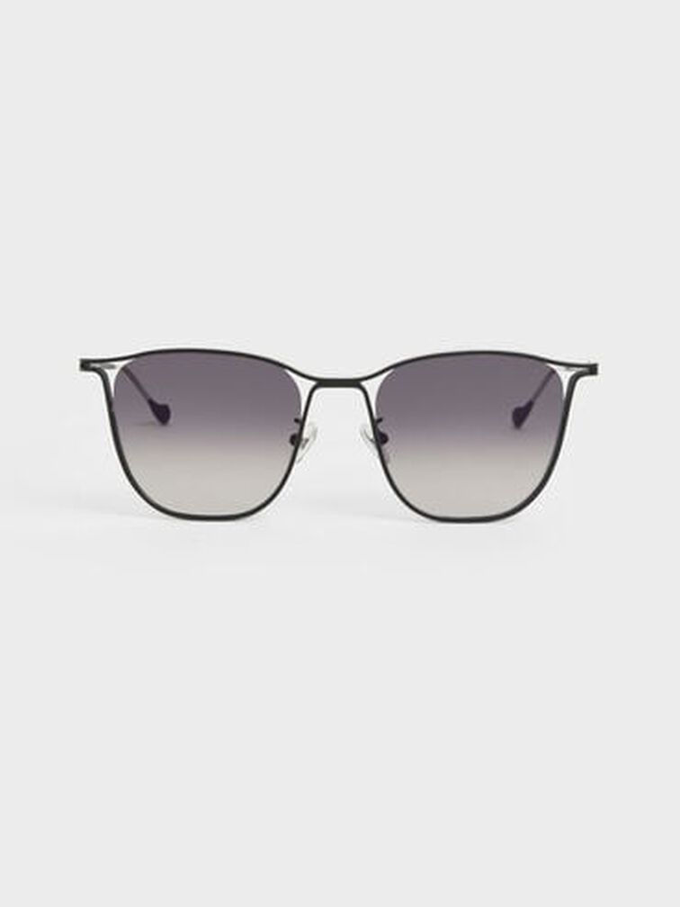 Two-Tone Wire Frame Butterfly Sunglasses, Black, hi-res