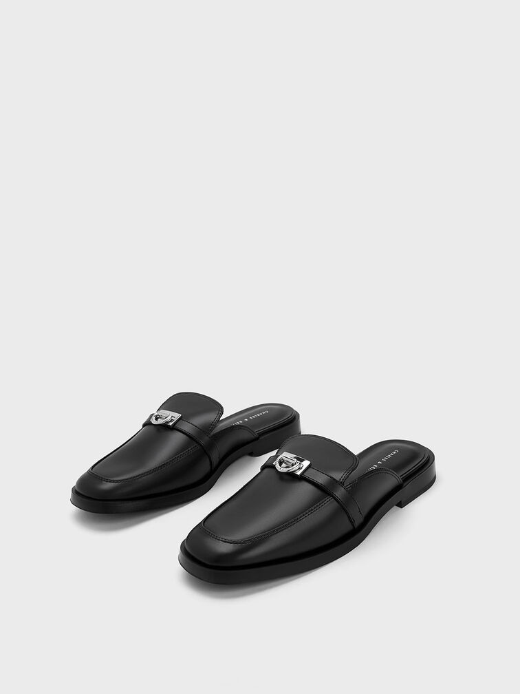 Metallic Accent Loafer Mules, Black, hi-res