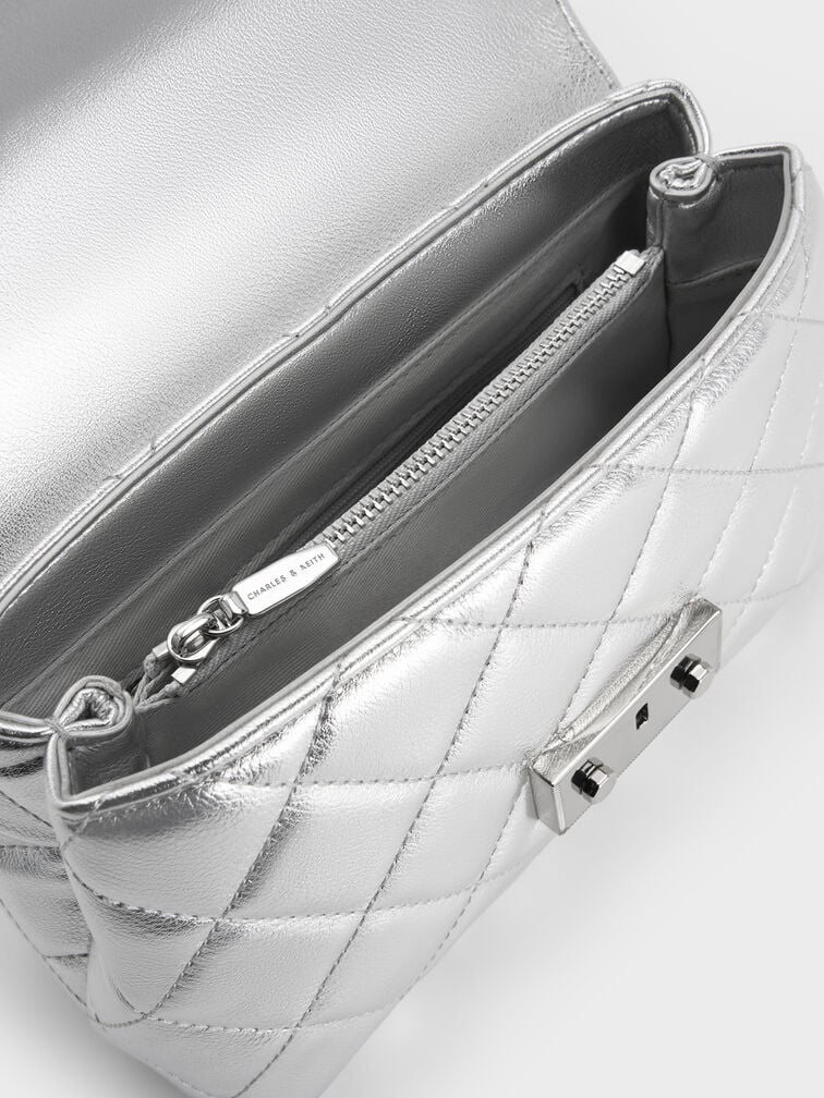 Alva Metallic Quilted Top Handle Bag, Silver, hi-res