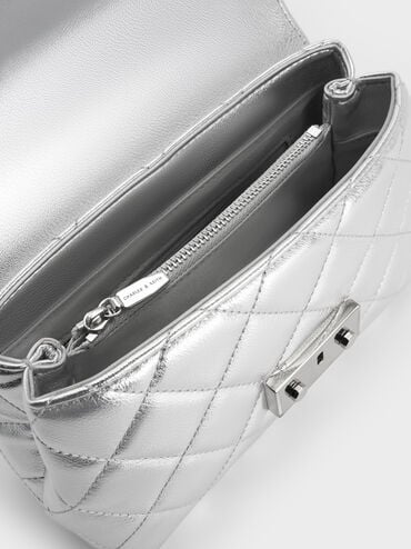 Alva Metallic Quilted Top Handle Bag, Silver, hi-res