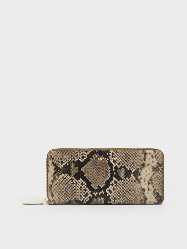 Snake-Print Zip-Around Long Wallet, Taupe, hi-res