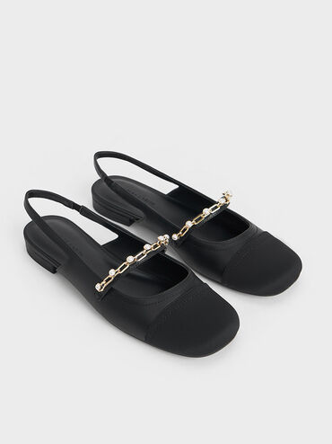 Beaded Chain-Link Slingback Flats, Black, hi-res