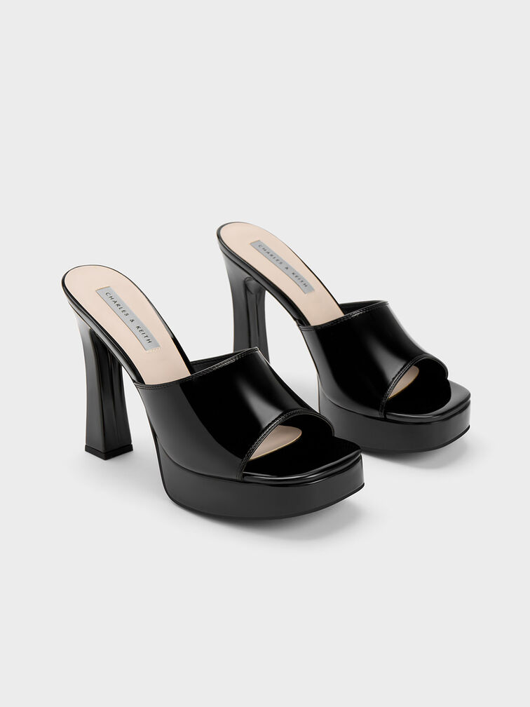 Platform Block Heel Mules, Black Patent, hi-res