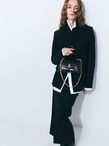 Adalyn Croc-Effect Metallic-Buckle Chain-Strap Top Handle Bag, Black Croco, hi-res