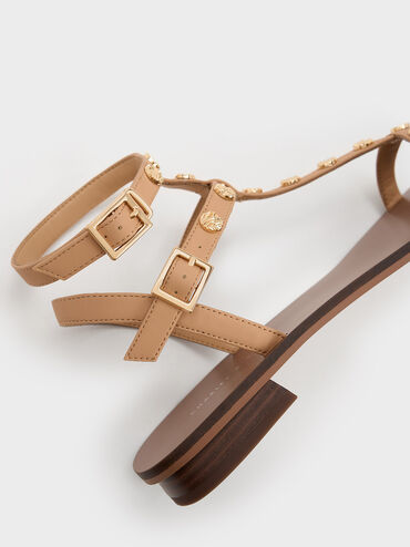 Studded Gladiator Sandals, Camel, hi-res