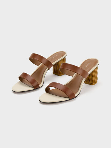 Rattan Block Heel Sandals, Cognac, hi-res