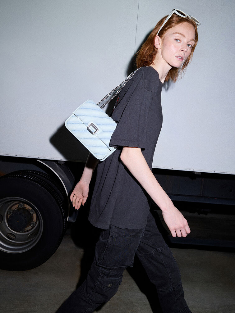 Neva Denim Panelled Chain-Strap Crossbody Bag, Light Washed Denim, hi-res