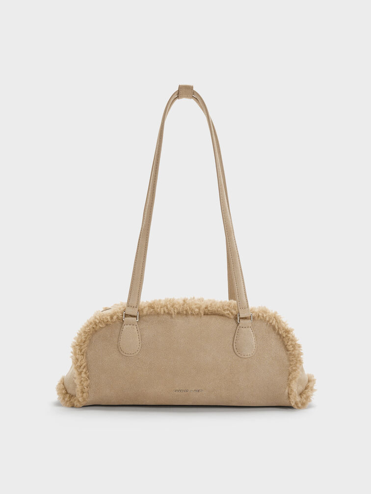 Nelly Recycled Suede & Faux Shearling Elongated Shoulder Bag, Nutmeg Beige, hi-res