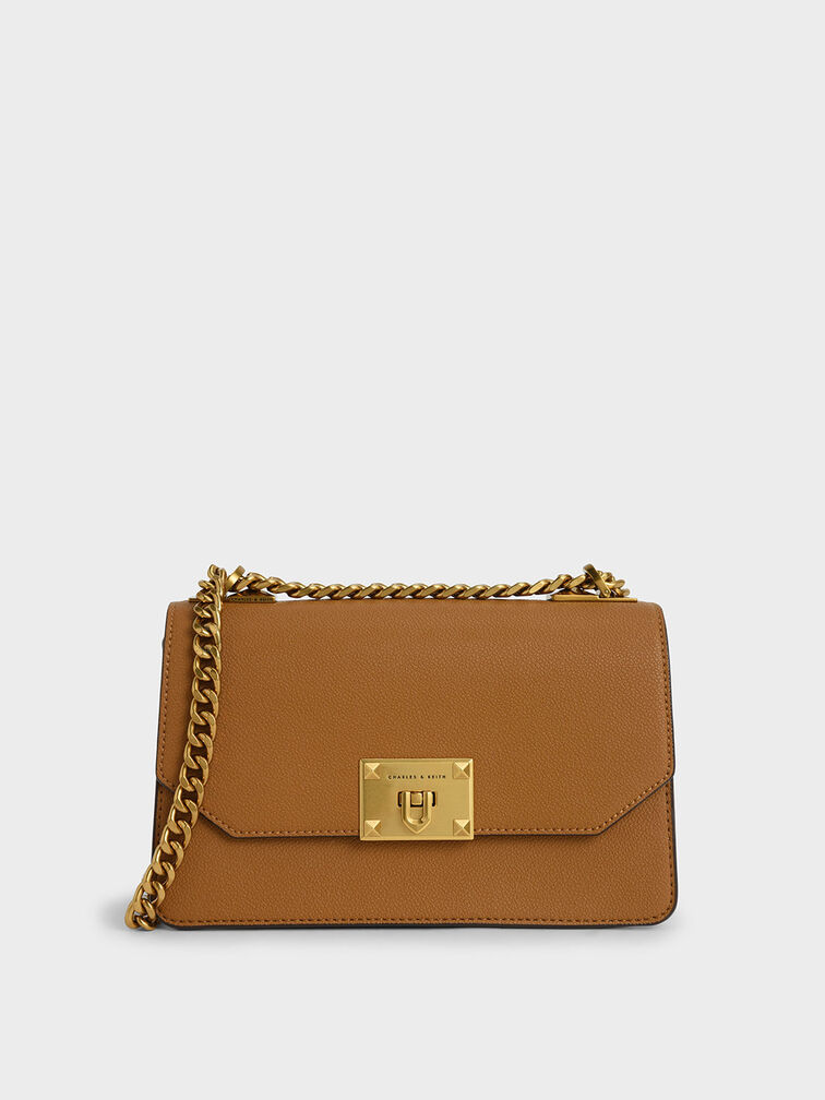 Metallic Push-Lock Crossbody Bag, Camel, hi-res