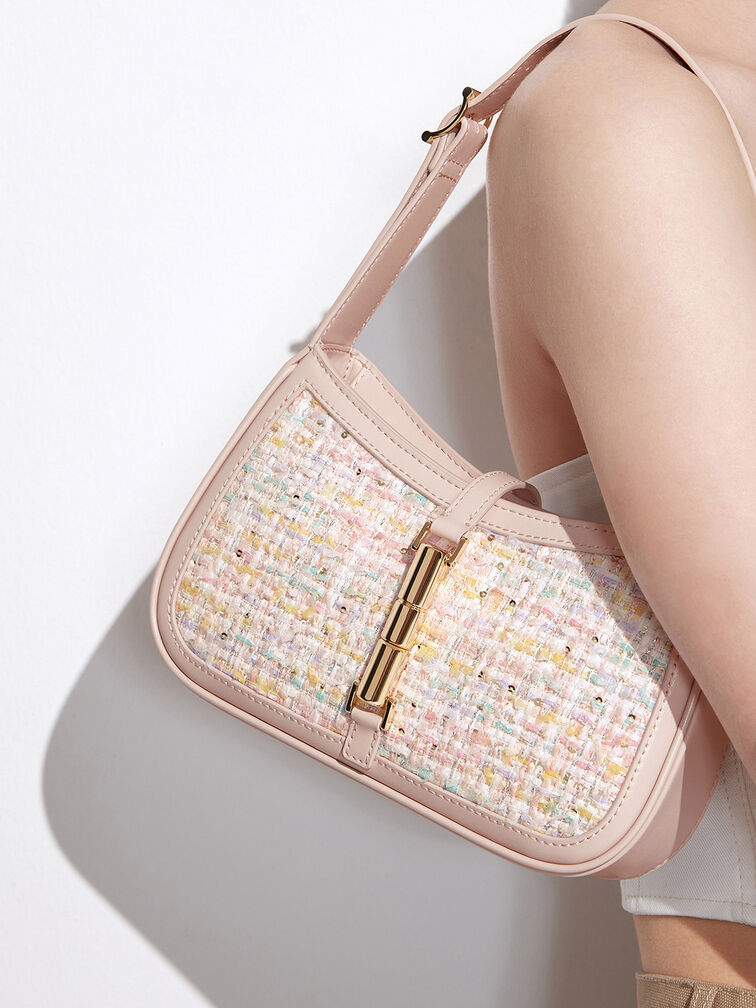 Cesia Metallic Accent Tweed Shoulder Bag, Pink, hi-res