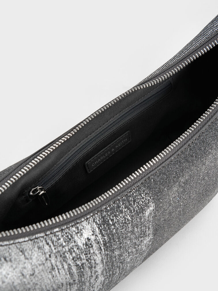 Bryna Denim Curved Hobo Bag, Silver Brushed Denim, hi-res