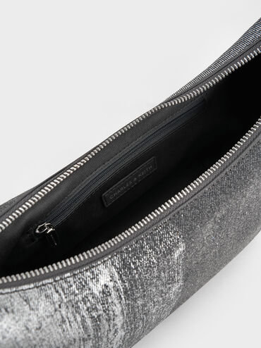 Bryna Denim Curved Hobo Bag, Silver Brushed Denim, hi-res