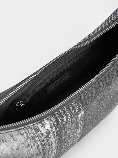 Bryna Denim Curved Hobo Bag, Silver Brushed Denim, hi-res