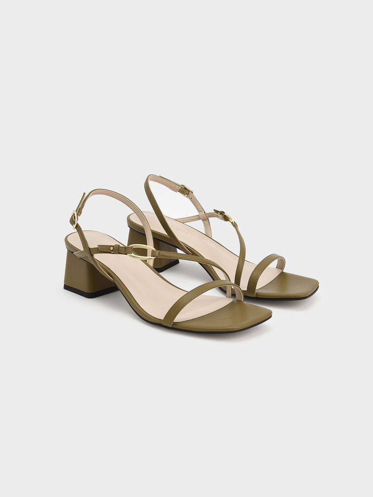 Metallic Accent Strappy Block Heel Sandals, Olive, hi-res