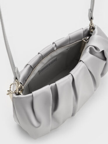 Satin Ruched Bead-Handle Bag, Silver, hi-res