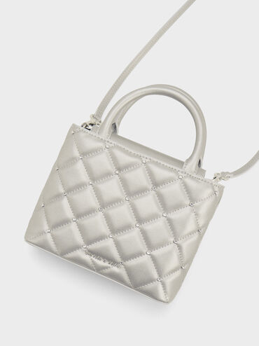 Gem-Embellished Padded Tote Bag, Silver, hi-res