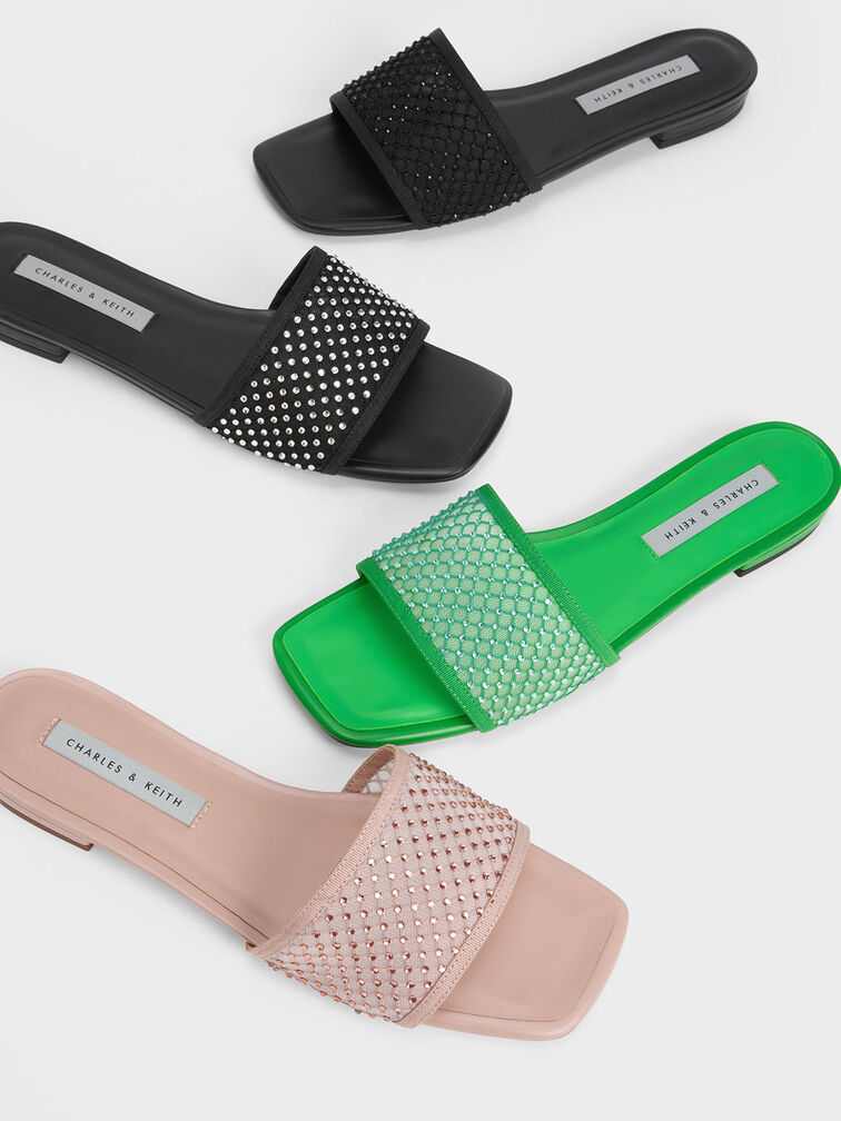 Gem-Encrusted Mesh Slide Sandals, Green, hi-res