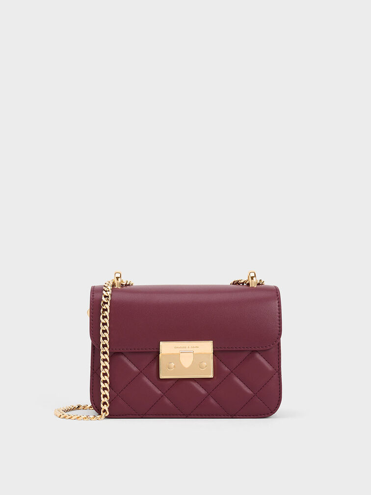 Quilted Push-Lock Chain-Handle Bag, Burgundy, hi-res