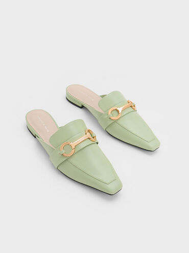 Metallic Accent Tapered Flat Mules, Sage Green, hi-res