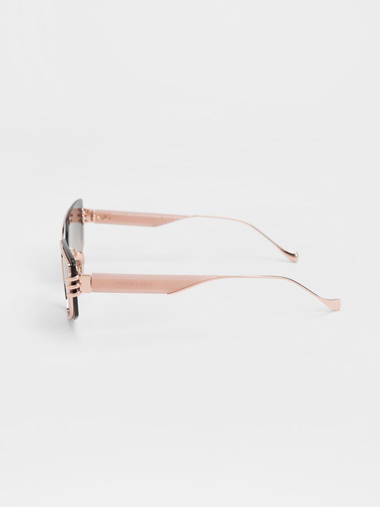 Metallic-Rimmed Geometric Sunglasses, Pink, hi-res