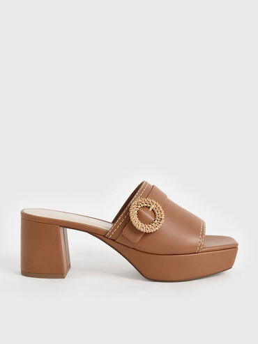 Woven Buckle Platform Mules, Caramel, hi-res