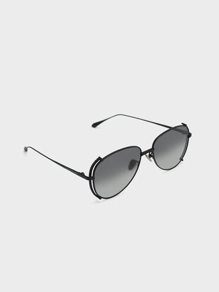 Gem-Embellished Wireframe Aviator Sunglasses, Black, hi-res