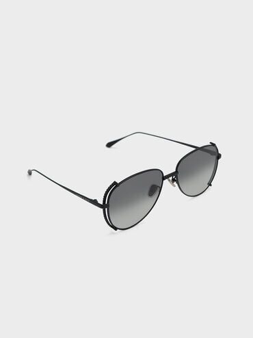 Gem-Embellished Wireframe Aviator Sunglasses, Black, hi-res
