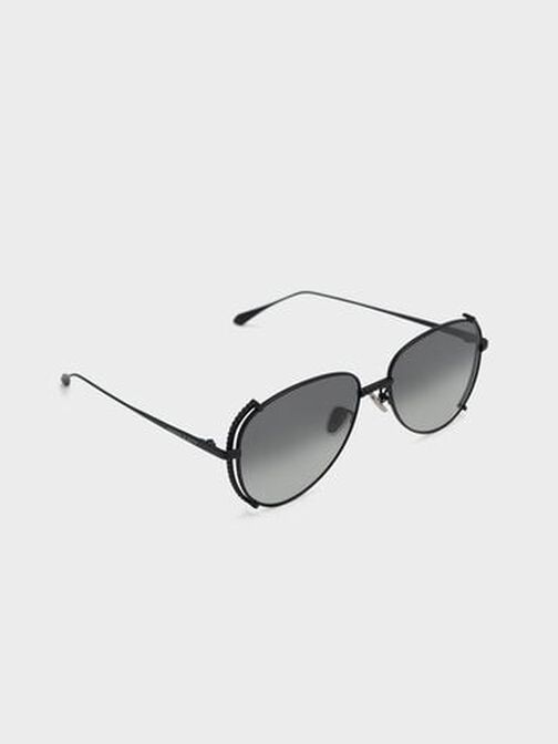 Gem-Embellished Wireframe Aviator Sunglasses, Black, hi-res