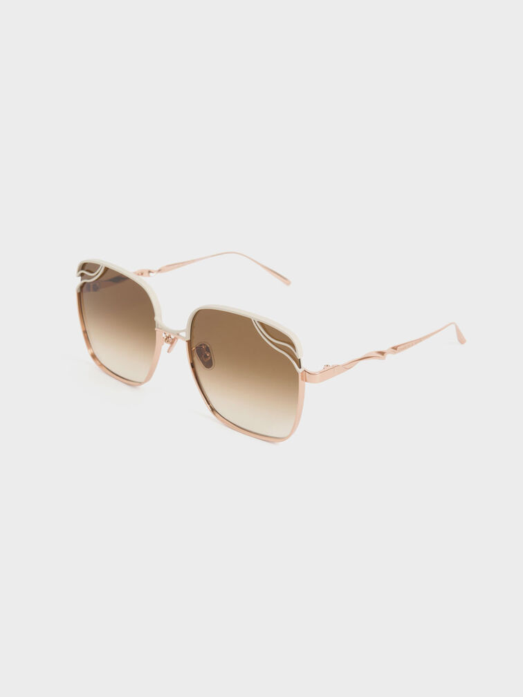 Wavy Wire-Frame Square Sunglasses, Cream, hi-res