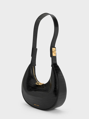 Croc-Embossed Crescent Hobo Bag, Black, hi-res