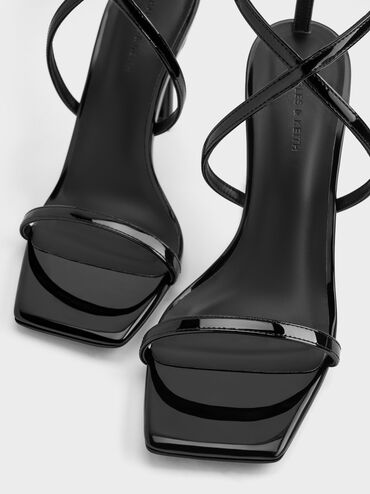 Patent Strappy Ankle-Strap Heeled Sandals, Black Patent, hi-res