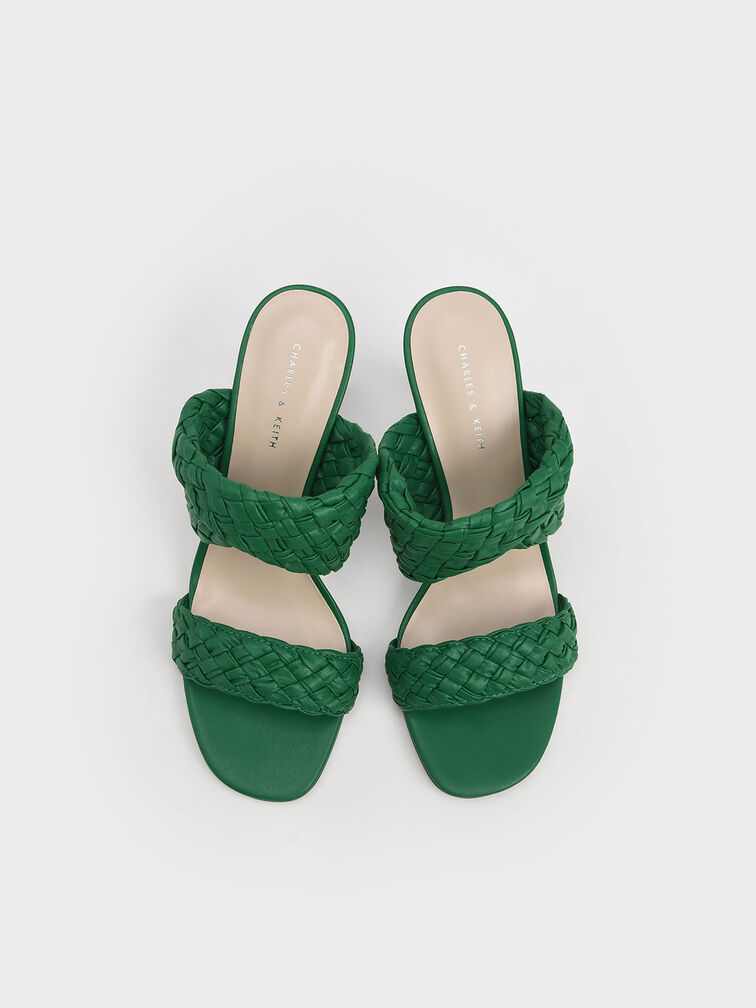 Double Strap Woven Heeled Mules, Green, hi-res