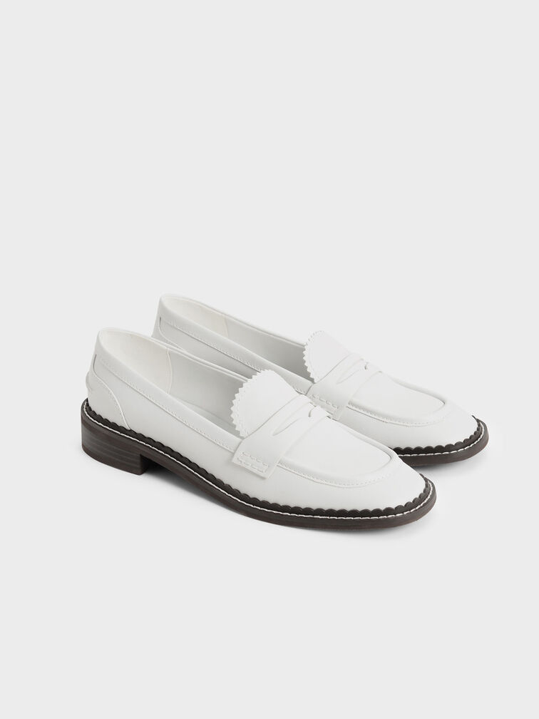 Scallop-Trim Penny Loafers, White, hi-res