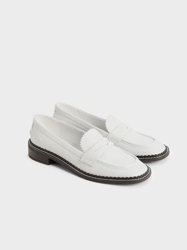 Scallop-Trim Penny Loafers, White, hi-res
