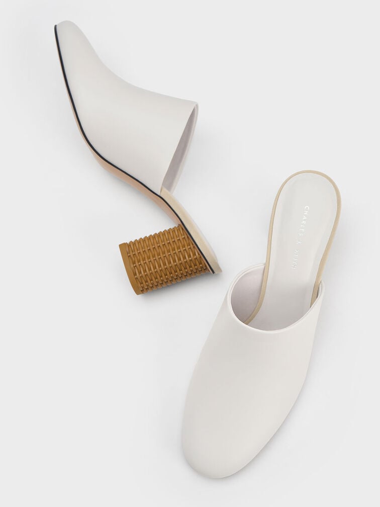 Rattan Block Heel Mules, White, hi-res