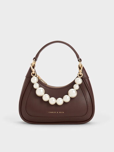 Beaded Handle Hobo Bag, Dark Brown, hi-res