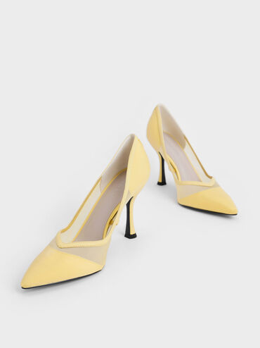 Mesh Pointed-Toe Pumps, Yellow, hi-res