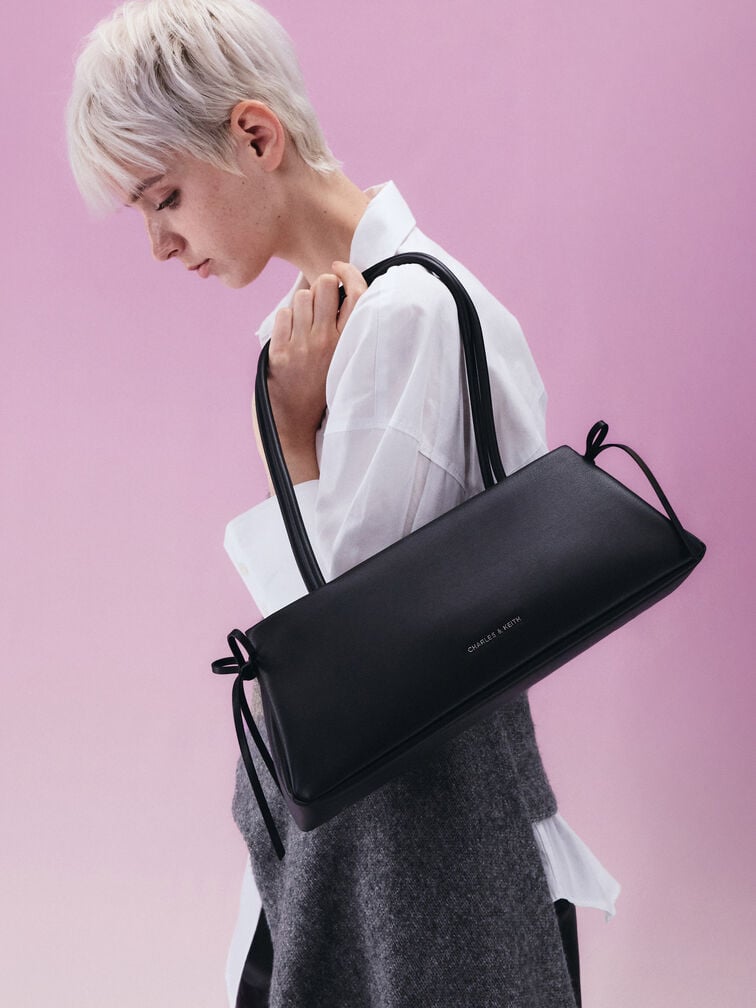 Hazel Bow Elongated Trapeze Shoulder Bag, Noir, hi-res