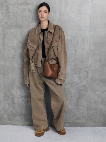 Gabine Leather Belted Top-Handle Bucket Bag, Chocolate, hi-res