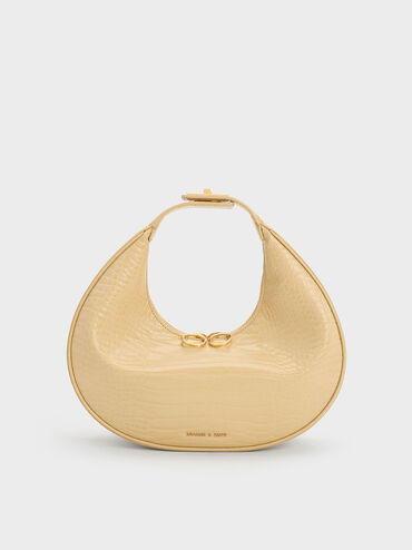 Croc-Embossed Crescent Hobo Bag, Beige, hi-res
