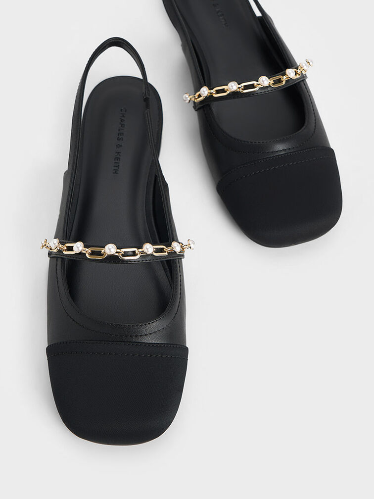 Beaded Chain-Link Slingback Flats, Black, hi-res