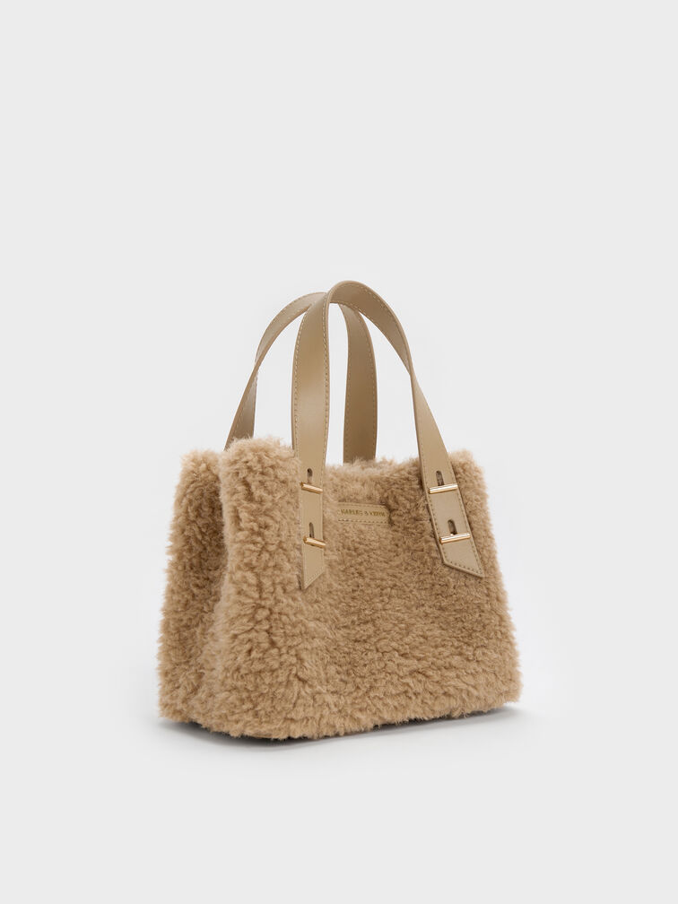 Mini Shania Faux Shearling Double-Handle Tote Bag, Nutmeg Beige, hi-res