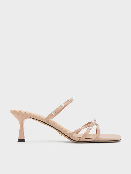 Square Crystal-Embellished Leather Heeled Mules, Nude, hi-res