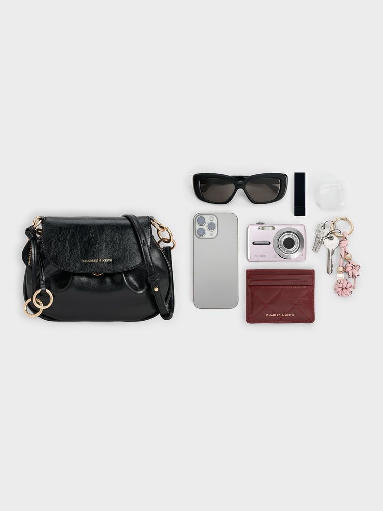 Britton Crinkle-Effect Ruched Saddle Bag, Black, hi-res