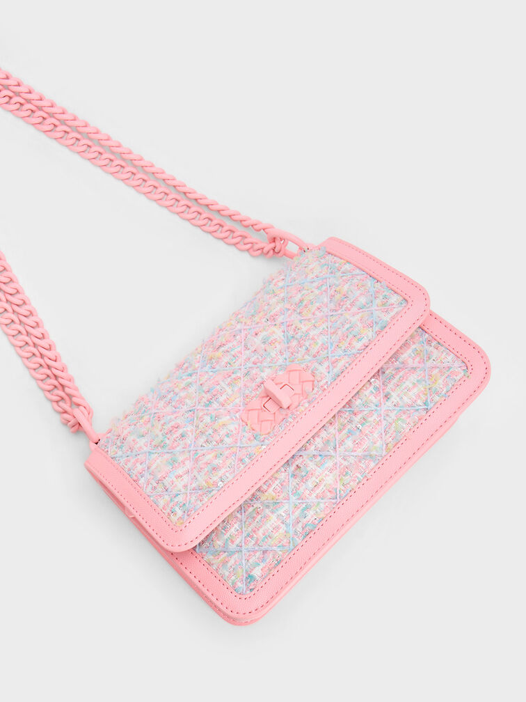 Micaela Tweed Quilted Chain Bag, Pink, hi-res