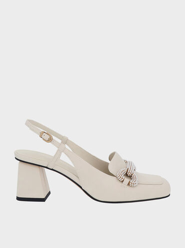 Beaded Slingback Loafer Pumps, Chalk, hi-res