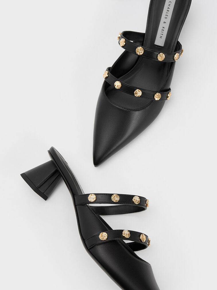 Studded Trapeze Heel Mules, Black, hi-res